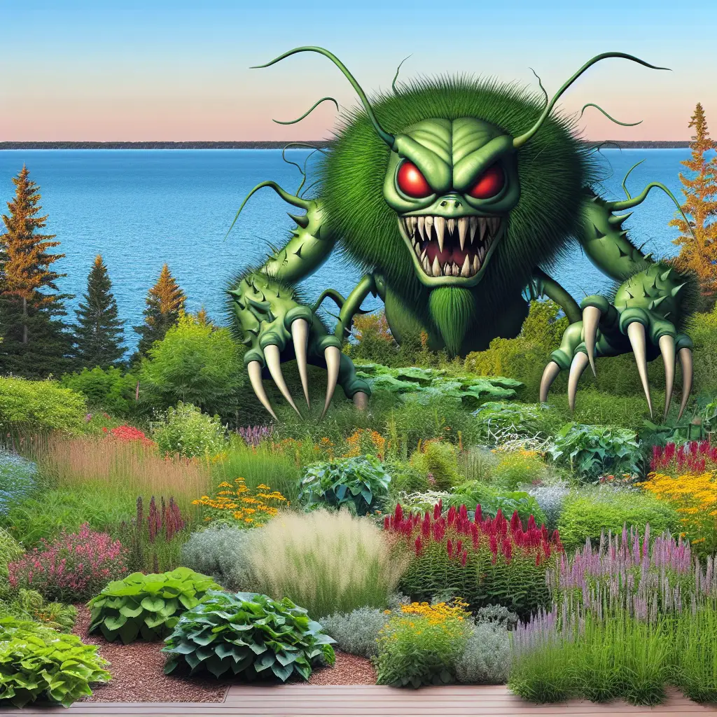 A natural landscape view of Michigan depicting menacing portrayals of common garden foes such as dandelions, crabgrass, and bindweed. These plants appear larger and have more exaggerated features to appear as adversaries in a garden setting. A lush garden filled with a variety of vibrant native plants is shown as a fortress resisting these weed invaders. On the horizon, the silhouette of the Great Lakes outlines the background. Ensure none of the elements have any brand logos or text on them.