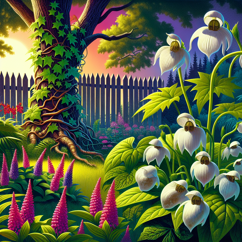 An illustration depicting an environmental scene in Minnesota. Vividly colored harmful plants are wreaking havoc in a lush garden. Focus on the dramatic elements: poison ivy climbing up an old oak tree, and poison oak spreading out on the ground. Giant hogweed with their large, dome-shaped white flowers stand menacingly by a wooden fence. Integrate visually striking elements of Minnesota's natural beauty like purple lady slippers (Minnesota's state flower) subtly being overrun by these harmful plants. The season is summer which is clearly indicative from the sun that is about to set in the background.