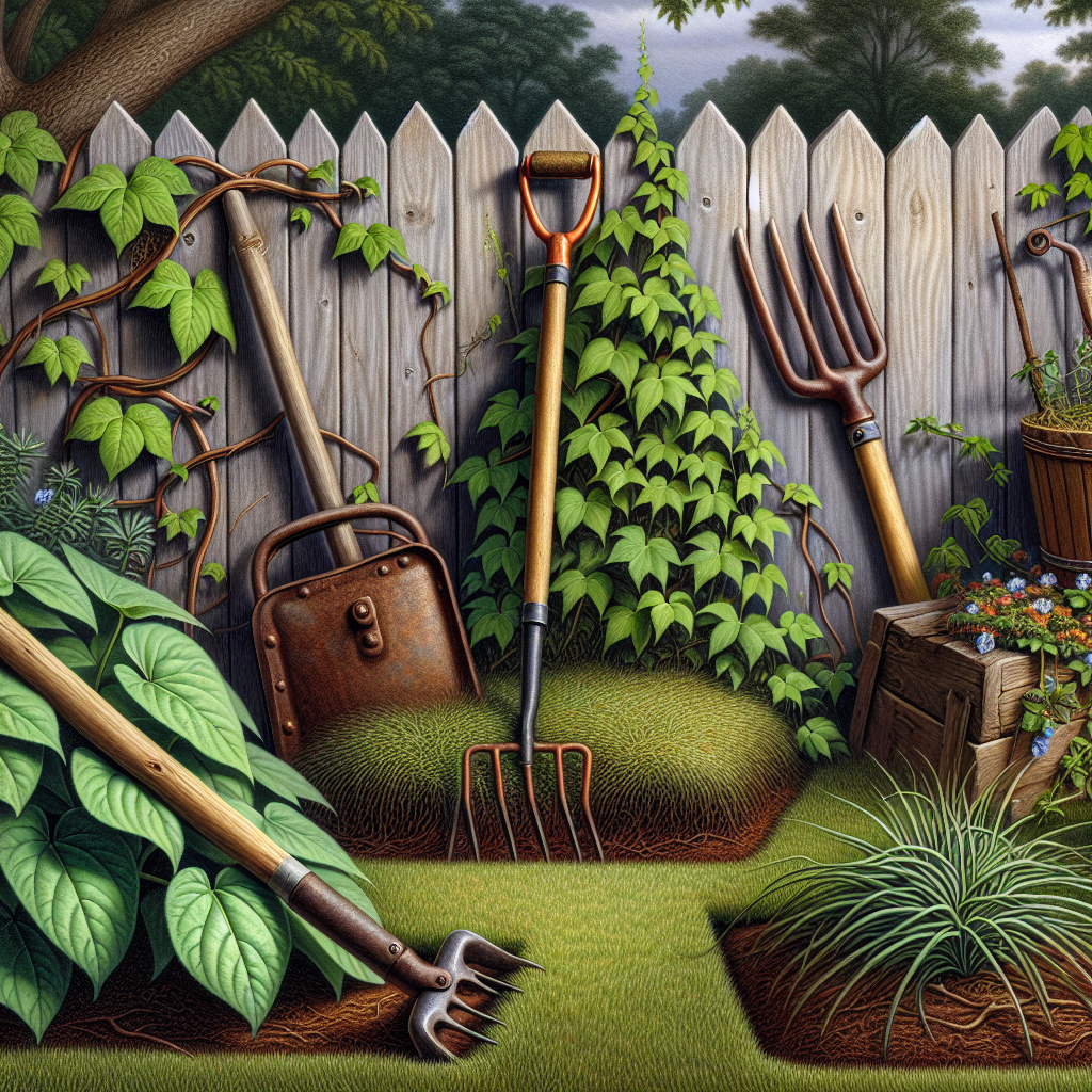 An image representing gardening challenges in Mississippi without using words or showing people. The scene shows common troublesome plants in the area such as kudzu vine sprawling over a garden fence, nutsedge poking through a manicured lawn, and possibly poison ivy creeping up a tree trunk. The background has native rustic garden tools - a worn-out hoe, a rusty pruning shears, and a garden fork stuck in the ground, all showing signs of frequent use in battling with these pesky plants. The picture should convey the constant struggle of maintaining a garden in this region.