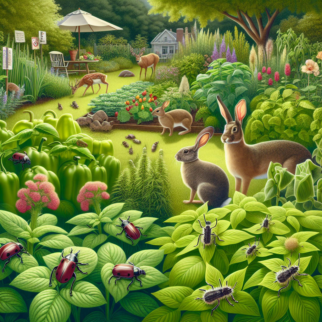 An image depicting threats to gardens in Missouri without any people or text. The threats include common garden pests such as beetles, rabbits, deer, and harmful plants like poison ivy. The setting is a typical backyard garden with lush green plants showing signs of damage. Beetles can be seen on leaves, rabbits nibbling on vegetables, and deer grazing on flowers. A patch of poison ivy is growing on the side. These elements are subtly blended into the lush greenery of the garden conveying the hidden threats theme.