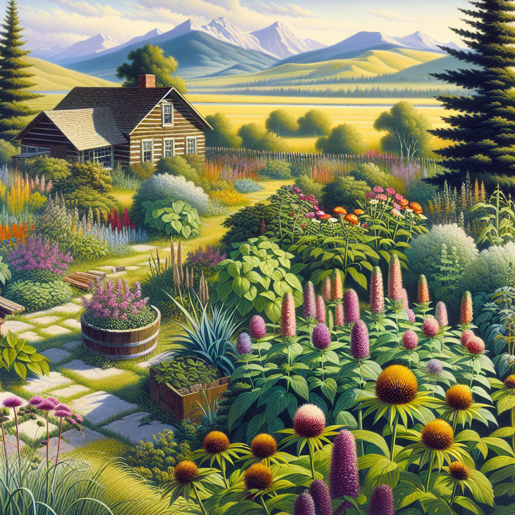An illustrative image that showcases the concept of 'Garden Menaces' in Montana. It should depict a bucolic garden setting in rural Montana, replete with realistic flora native to the region. It should emphasize the problematic plants that can often be found in these gardens, such as spotted knapweed or leafy spurge, using colors or exaggerations to hint at their invasive or harmful nature. The garden should be devoid of any human presence, focusing solely on the plant life and the scenic landscape. No text, brand names, or logos should be included in the image.