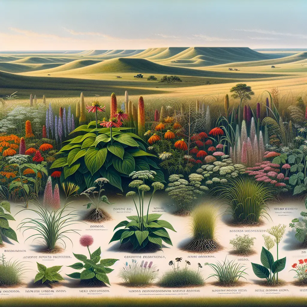 A picturesque Nebraska prairie landscape with rolling hills, flourishing with sneaky and elusive native garden plants. The scene depicts wildflowers, grasses, and invasive plant species, demonstrating both vibrant beauty and subtle danger. Various forms of vegetation are illustrated, both favored and feared by gardeners, mysteriously emerging from the soil. There are no people, text, or branded items in the setting. The skies are clear with soft daylight subtly illuminating this midwestern tableau, casting a hint of a shadow, symbolizing the preparedness required for these concealed garden threats.