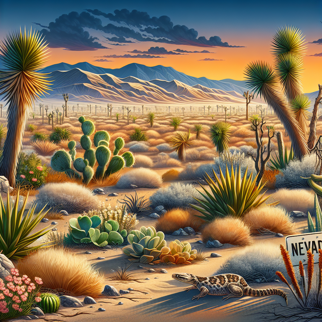 Illustrate a sun-drenched Nevada desert scene with an array of indigenous plants to the region such as Joshua trees, Spanish Daggers, and Sagebrush scattered sparsely. Include warning signs such as wilted leaves and dry soil as indications of water scarcity. To further emphasize the cautionary tone, incorporate desert animals like a rattlesnake amidst the plant life, interpreting the desert's harsh conditions. Use a dusk setting, with the sky transitioning from orange to a dark blue, casting long shadows across the scenery. Please refrain from including any human figures or labels.