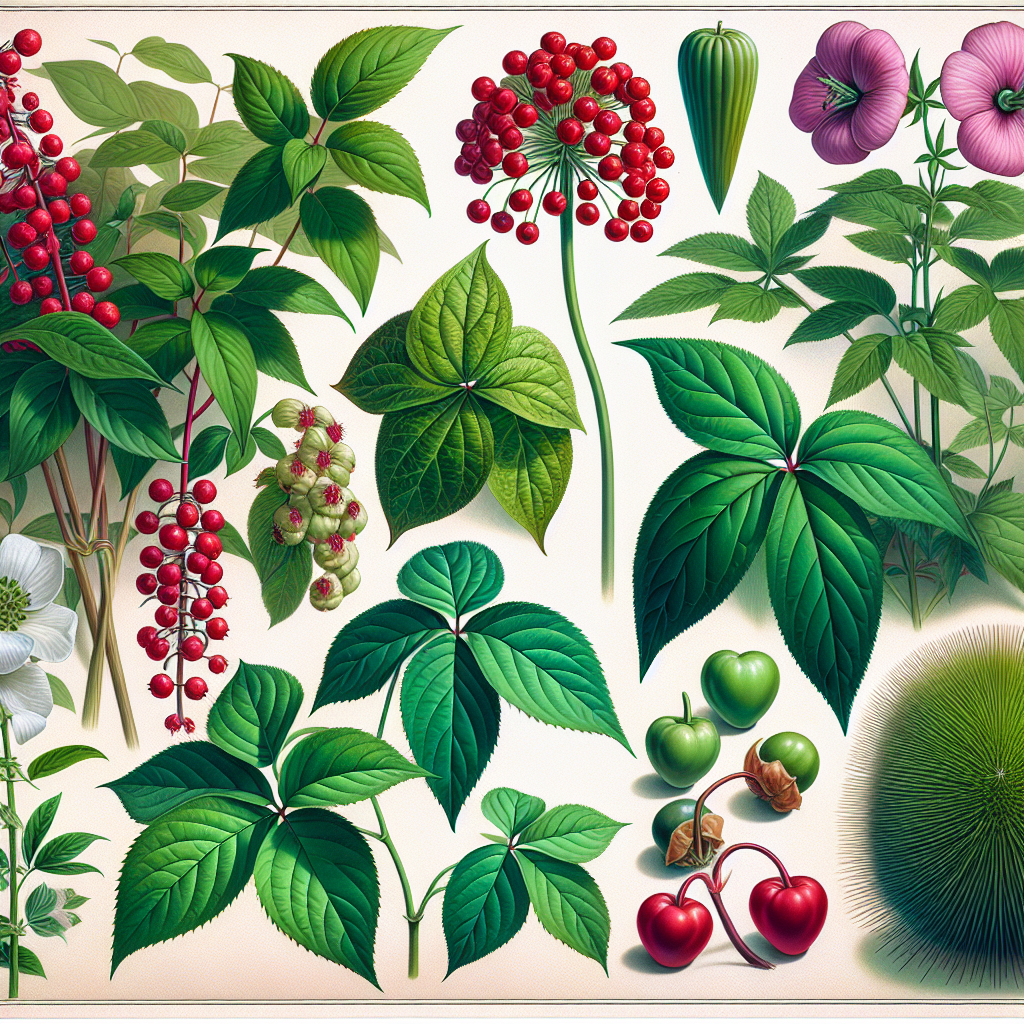 Illustrate an assortment of dangerous plants commonly found in New Hampshire. In the mixture, depict poison ivy with its recognizable leaves of three, brightly colored belladonna berries, and a Gympie Gympie plant with its heart-shaped leaves and hair-like needles. Display a contrast between these hazardous flora and the serene, lush environment typically associated with a garden. Please leave everything unbranded and devoid of text, focusing only on the plants themselves. Avoid including human figures in this garden scene.