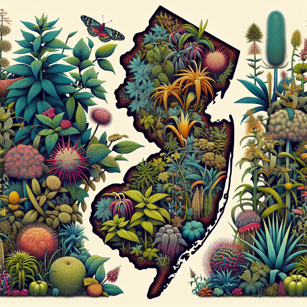 An illustration representing the state of New Jersey, laden with a variety of plants. Several of these are evidently problematic; they are invasive, overgrown and crowding out the native flora. There is an array of such impinging plants with thorns and peculiar shapes. This rich biodiversity creates a sense of abundance but also urgency, a spectacle of colors and shapes that speaks to the potential harm some plant species can impose on delicate ecosystems. There are no human figures, text, brand names, or logos included in the image.