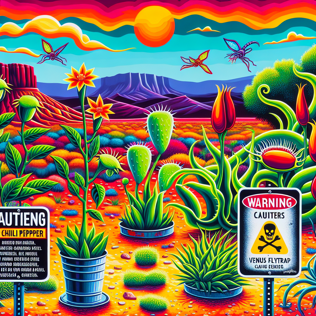A vivid depiction of a garden in New Mexico. Capture the characteristic arid landscapes and the splashes of bright green from native plants. However, add caution signs. Show a chili pepper plant with a sign indicating its spicy nature. On the other side, show a Venus flytrap to symbolize danger, with a warning emblem beside it. Show some plants wilting under the harsh sunlight to represent the climate extremes. However, ensure all signs are graphic, avoiding any text or brand names. Also, ensure no people are present in the scene.