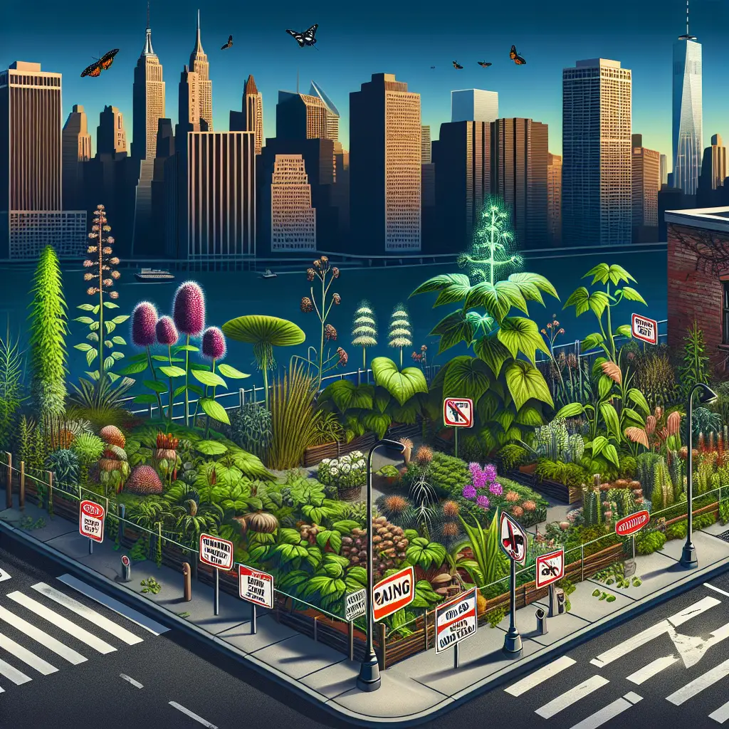 Visual representation of the concept: New York's Garden Watch highlighting risky plants. Illustrate a panorama of an urban garden in New York City skyline. The garden should feature a variety of plants, however, emphasize on the potentially dangerous ones. Show various plant species like Poison Ivy, Giant Hogweed, and Water Hemlock that are known for their harmful effects. To indicate their risk factor, perhaps depict them with subtle warning signs like animated visual effects (glowing, sharp thorns, etc.), while ensuring no person or brand logos are in the picture.