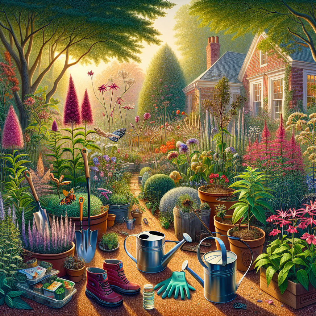 A visualization of North Carolina's diverse flora as seen in a beautiful garden. It should highlight a variety of common plants in the area, with special emphasis on the ones that could potentially be hazardous. Alongside the plants, place some gardening tools that suggest safety precautions, such as gloves, a watering can, and safe gardening shears. Please keep the image free from any explicit text or brand names. The scene should be set in daytime with the sun casting a warm light on the garden. Do not include any individuals in this image.