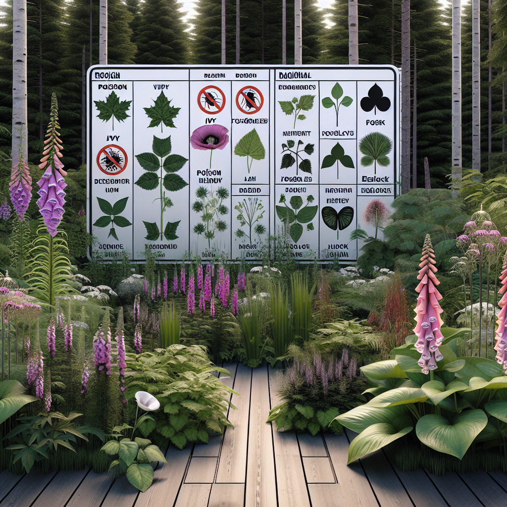 Visual representation of a garden in North Dakota showing various types of plants that one should be cautious of. The scene is a serene garden with regional fauna, displaying recognizable danger signs like poison ivy with its identifiable leaves, foxgloves with their bell-shaped flowers, and the striking appearance of hemlock. No human figures are present within the image and no text or brand names are featured in any way.