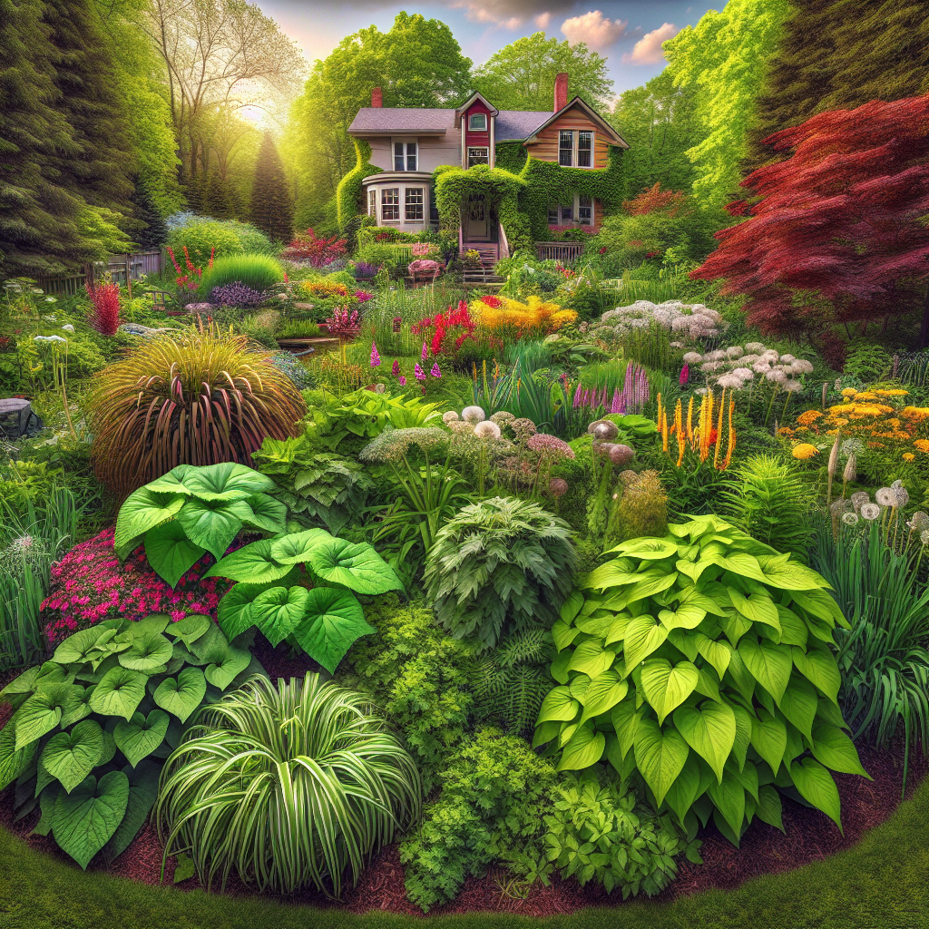 A scenic view of a vibrant garden in Ohio featuring a variety of plants. Amidst the lush greenery and blooming flowers, a selection of unwelcome plants, like poison ivy, dandelions, and crabgrass, are taking hold. The invasive plants are subtly dominating certain areas, aiming to overtake the beautiful scenery. There aren't any people, text, brand names, or logos present in the image, just the pure essence of a garden struggle. The scene wonderfully captures the quiet but persistent competition that happens in the natural world.
