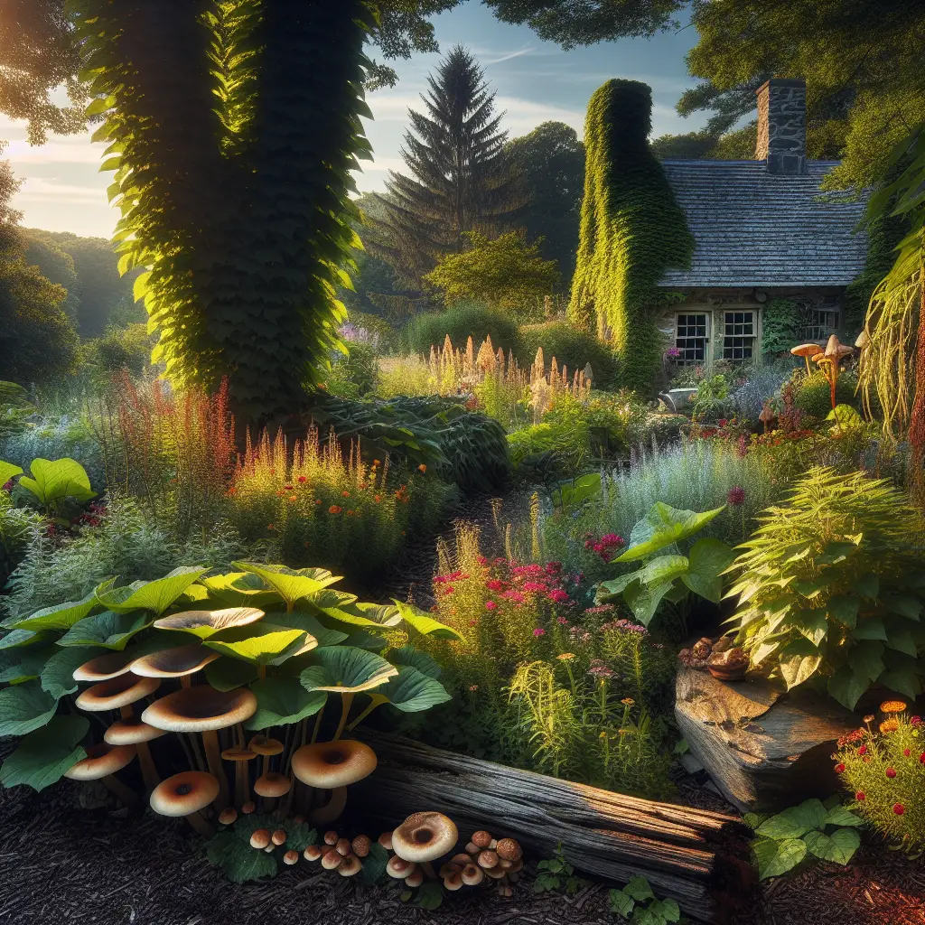 A picturesque garden in Pennsylvania during the peak of summer. The garden teems with various types of foliage — from ivy climbing up a stone wall, mushrooms on a decaying log, to vibrant poison ivy hidden amongst lovely wildflowers. A hemlock tree with its potentially risky needles stands tall in the background. Elsewhere, a patch of rhubarb is visible, whose leaves are known for their toxicity. The sun is softly shining down, casting long shadows across the garden. Please note, no text, brand names, logos, or people are to be included in this image.