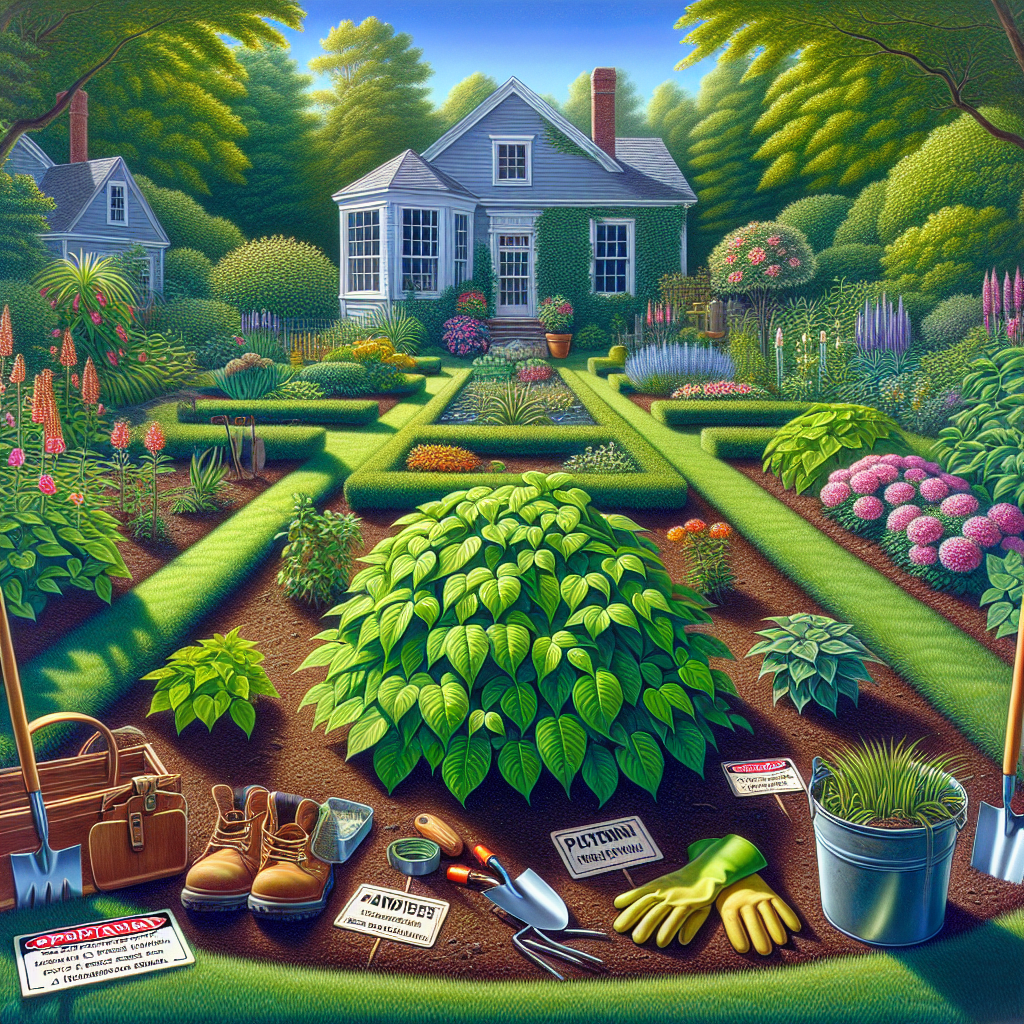 A carefully detailed view of a well-cultivated garden in Rhode Island. This serene landscape showcases a variety of healthy plants, neatly arranged flower beds, and a vibrant lawn, all under a clear, blue sky. In a corner of the garden, is a patch of poison ivy plant, distinguishable by its clusters of three leaves. There are precautionary signs alongside garden tools like gloves, a trowel, and a gardening bag kept at a safe distance from the poison ivy, suggesting preparedness for its safe removal. No text, people, brand names, or logos are present in the scene.