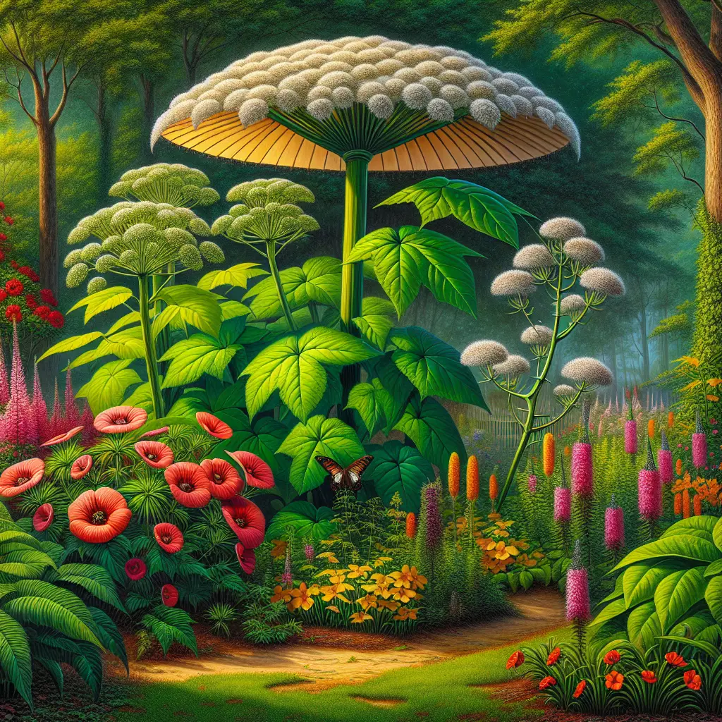 A vivid depiction of a garden scene in South Carolina. Unveil an array of vibrant indigenous plants including a Crimson-eyed Rose Mallow near the front and a gorgeous but dangerous Poison Ivy lurking nearby. Capture the looming presence of a Giant Hogweed standing at the back, its tall stem, large leaves, and umbrella-shaped clusters of white flowers imposing but treacherous. Also, artistically communicate the threat of the sneaky yellow buttercup hiding inconspicuously among the benign foliage. Create this garden in a serene day-time setting, warm and inviting but with subtle hints of its potential hazards.