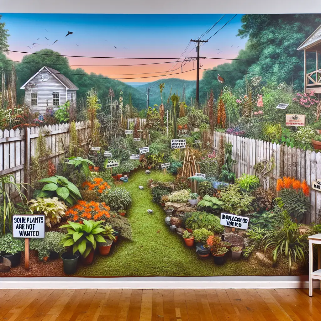 A visual representation of a garden in Tennessee, brimming with local flora and fauna, and marked for some unwelcomed ones. The view should be one that suggests some plants are not wanted, perhaps by displaying signs of a plant's invasion or negative impact on other plants. The scene is devoid of human presence. However, visual cues like a well-kept fence, a birdhouse, or a watering can could suggest human care. Do not include any text, brand names, or logos.