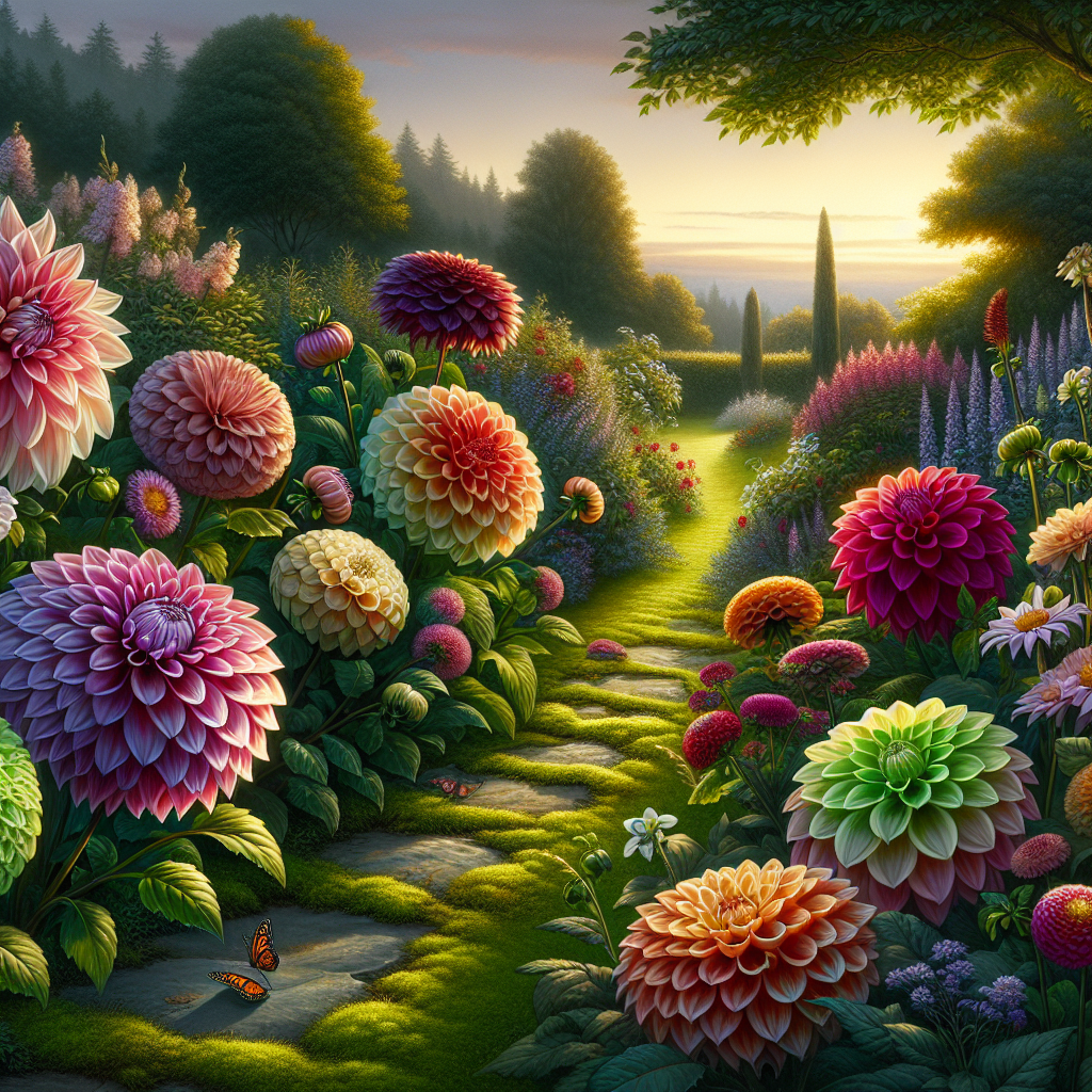 A luscious outdoor scene illustrating the beauty of dahlias. The scene shows different types of dahlias growing in a well-tended garden bordered by a low, mossy stone wall under the soft glow of a setting sun. The diversity of the dahlias is shown through contrasts in colors, shapes, and sizes. Small insects like butterflies and bees can be seen pollinating the blooms. There are no people, text, brand names, or logos in this tranquil depiction of nature's splendor.