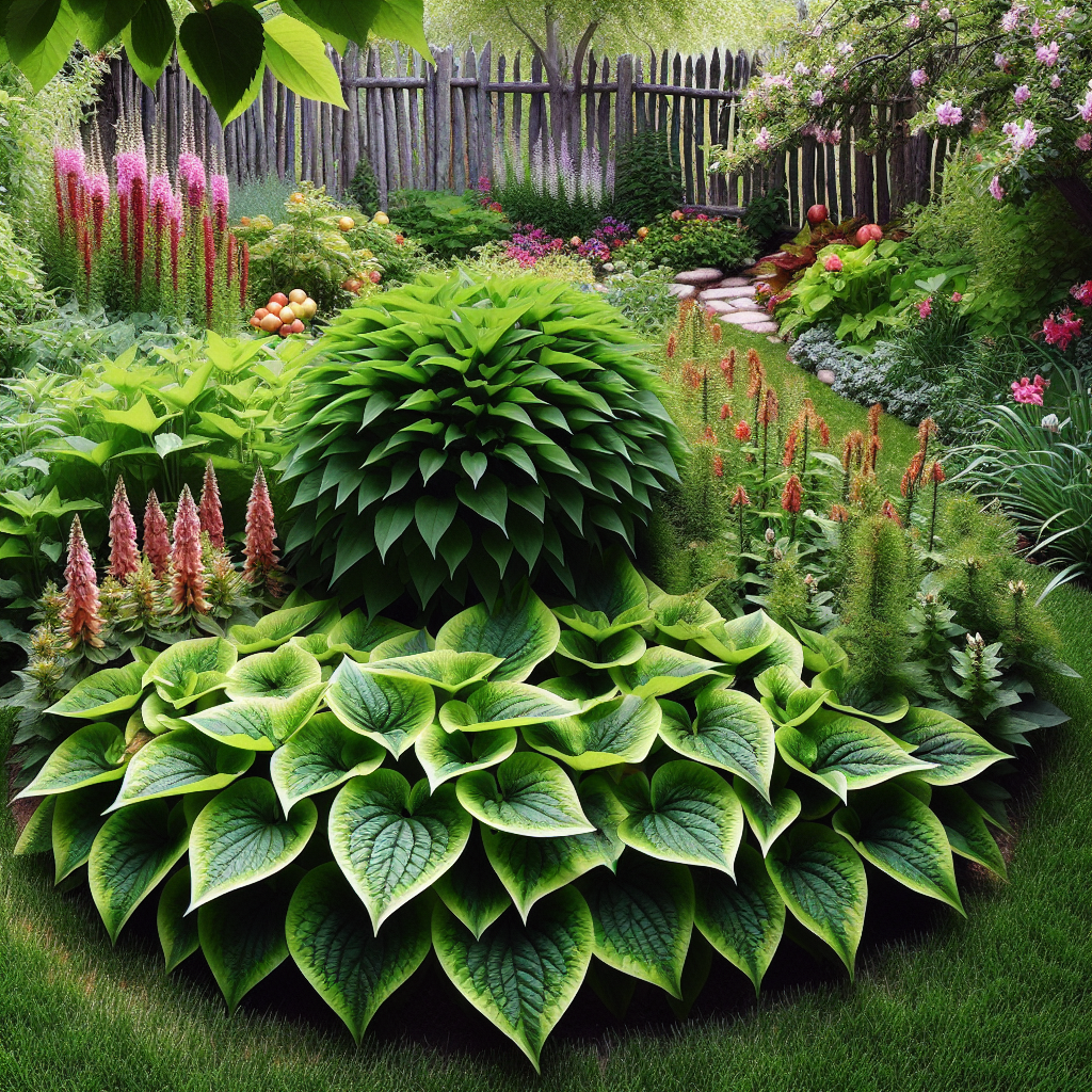 A lush garden in Utah displaying a variety of vibrant plants, with a focus that leans towards the potentially hazardous ones. Show Poison Ivy nestled against a wooden fence while a round patch of Stinging Nettles stands out near a blossoming apple tree. In a corner, exhibit a small but stunning patch of Ornamental Tobacco, their bright flowers contrasting with the overall green scenario. All the plants seem to blend naturally without revealing their intrinsically harmful aspects, depicting a paradox of beauty and danger representing the title 'Utah's Garden Surprises: Plant Dangers'.