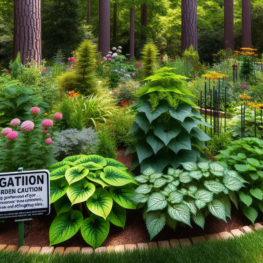 A verdant garden in Virginia with a variety of plants and flowers. To emphasize the garden caution theme, include several plants that are typically considered harmful or irritating if touched, such as poison ivy and stinging nettle. Display visible characteristic features of these plants to make them identifiable, such as the 'leaves of three' on poison ivy and the hair-like structures on stinging nettles. Also, incorporate garden warning signs strategically placed next to these plants to evince their dangerous nature without using text. Make sure there are no people, brands or logos in the scene.