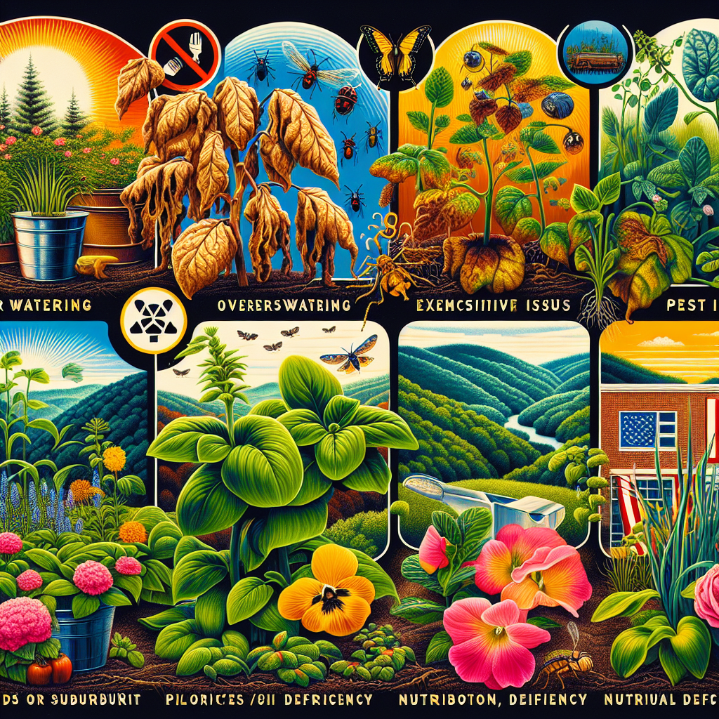 An image depicting various common gardening challenges specific to the state of West Virginia. Vibrant image that includes withered plants indicating overwatering, insects on leaves signifying pest issues, plant with sunburn to denote excessive sunlight, and plants with discoloration to imply nutrient deficiency. Also include a rich diversity of plant species native to the region. Simultaneously, the image should feature a backdrop showcasing iconic West Virginia landscapes. Colors synonymous with the region, such as verdant greens and earthy browns, should be prominent. No people, text, brand names, or logos should appear in the image.