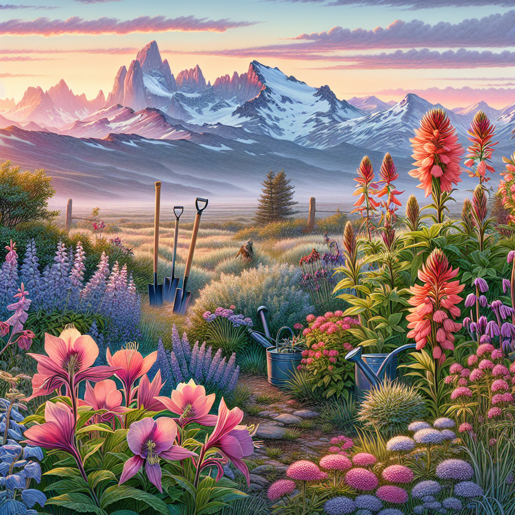 Illustrate an early morning scene in Wyoming where the air is crisp and the sky is painted with hues of soft pink and orange. Display a garden that has wildflowers like Indian Paintbrush and Columbines embracing the challenges of high altitude and unpredictable weather. A handful of plants arching towards the dawning sun give an impression of resilience and hardiness. In the background, majestic mountain peaks capped in snow silently behold the garden. Not a single person is in the frame, but on the edge, a hint of a garden shovel and a watering can suggest a gardener's presence. There is no text or brand name anywhere, creating a feeling of pristine nature.