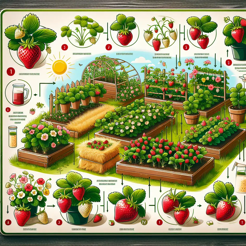 An informative and educational visual for gardening enthusiasts focusing on providing a beginner's guide to growing delicious strawberries. The scene unfolds in a well-maintained garden displaying a variety of thriving strawberry plants flourishing in season. The picture beautifully presents strawberry plants at different stages of growth; from flowering buds, to green clusters, and then evolving to ripe, red, and juicy strawberries. Noticeable are the ingenious gardening strategies used - such as raised beds, straw layers, and vertical farming techniques exclusively designed for small spaces. Please keep the image clean of any text or brand logo.