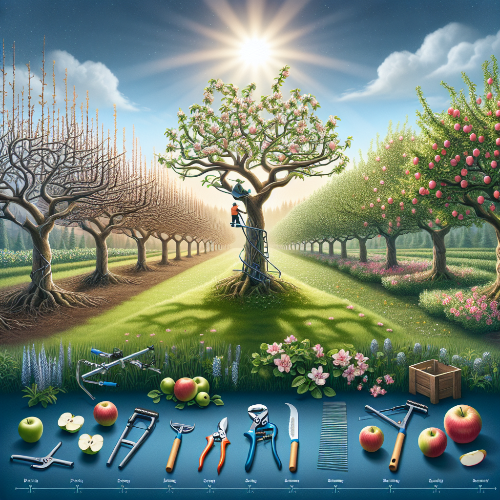 An educational scene demonstrating various pruning techniques for apple trees' health during different seasons. On the left, apple trees during the winter, bare and prepared for pruning with an emphasis on its skeletal structure. In the center, pruned apple tree during spring blooming, indicating a timely prune. To the right, lush apple tree during summer showing fruitful yield with perfect sunlight. The foreground includes a variety of pruning tools such as bypass pruners, loppers, and hand saws. The background showcases a serene orchard with row upon row of apple trees. No people, text, or brand names are included in the image.