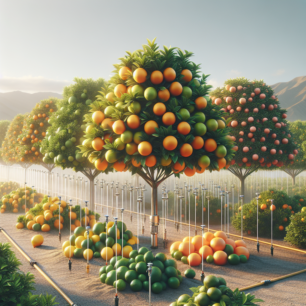 An agricultural scene showcasing a collection of vibrant, healthy citrus trees, differentiated by variety: some laden with bright oranges, others with lemons, limes, and grapefruit. Surrounding the trees, an efficient drip irrigation system is deployed, subtly delivering hydration to the flourishing groves. Sunshine bathes the orchard, suggesting favorable growing conditions. No people, text, brand names, or logos present.