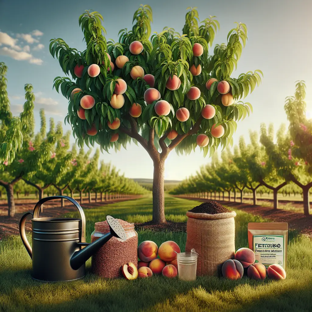 A beautiful, healthy peach tree stands in the center of an orchard on a sunny spring afternoon. The tree is laden with lush, abundant peaches, a testament to the fertilizing process that has resulted in such a bountiful yield. In the foreground, a set of organic fertilizing materials such as crushed eggshell, aged compost, and a generic-looking watering can, ready to aid in tree nutrition. No labels or brands are featured on the tools or materials, and no people are present in the scene. All around, the orchard exudes serenity and the promise of a productive harvest season.