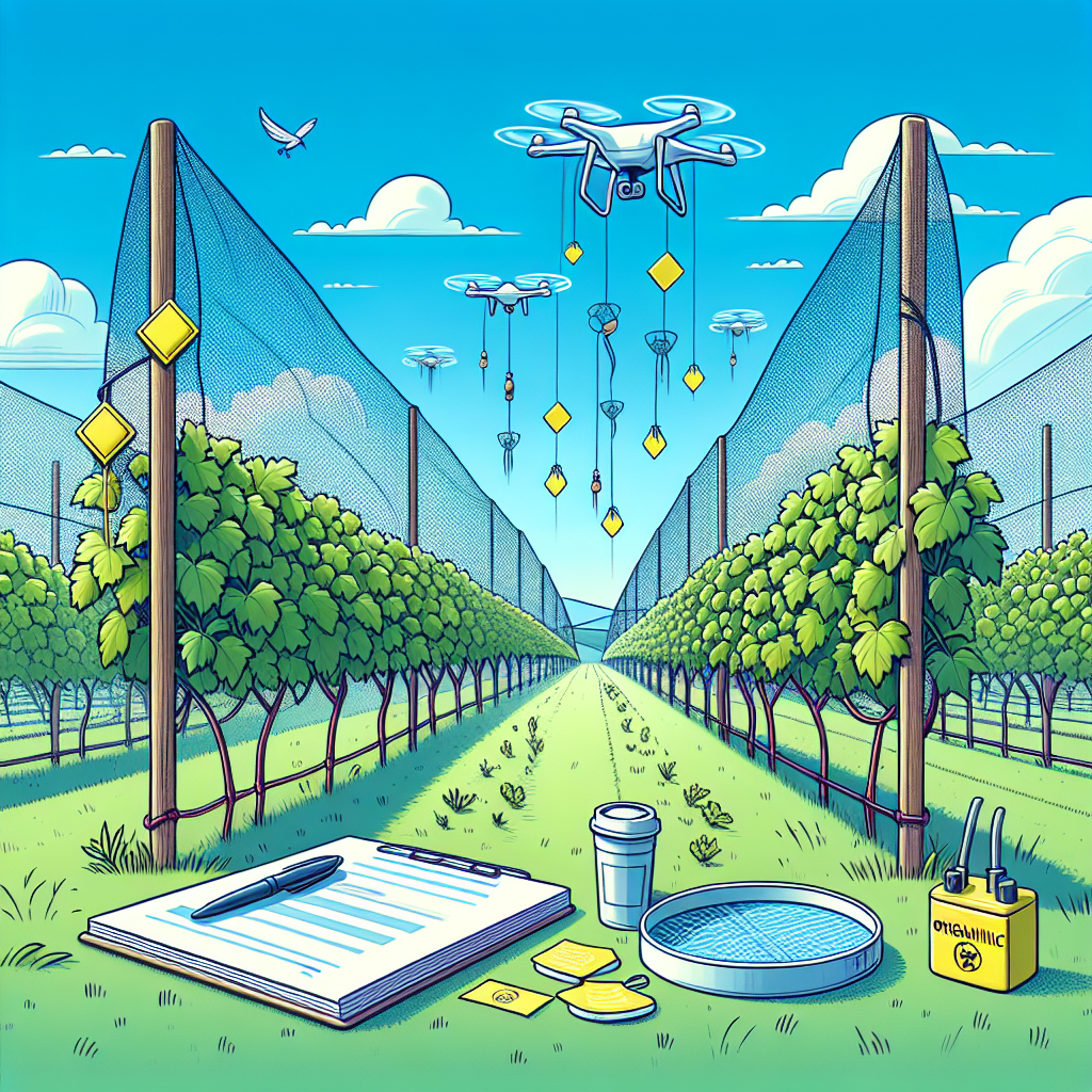 Visualize a verdant grapevineyard in the middle of the day, with crystal clear blue skies overhead. Several protective measures against pests and diseases are in place: nets covering the vines to ward off birds, yellow sticky traps hanging for pest control, and a small drone hovering nearby, spraying organic pesticide. In the foreground, notice a notepad with a pheromone trap kept next to it, indicating a strategic approach to pest control. All these illustrations should not contain any textual elements, human figures, or recognizable branding.