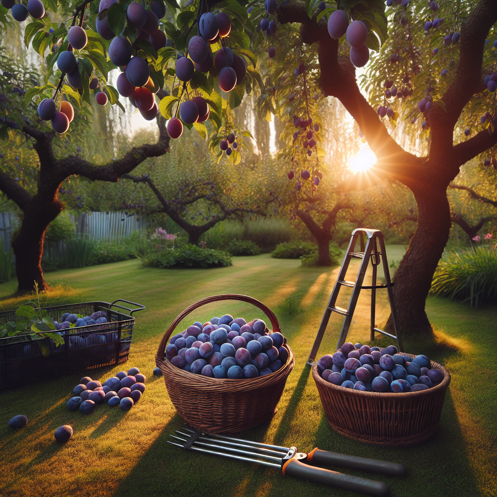A serene backyard garden at sunset, where mature plum trees are heavy with ripe, lush purple plums. On the ground, a variety of tools commonly used for harvesting, such as a fruit picker with an extendable handle, a metal ladder, and a large wicker basket for collecting the plums, are arranged meticulously. The overall scene is radiating an atmosphere of peacefulness and accomplishment, underlining the satisfaction of home-grown harvest.