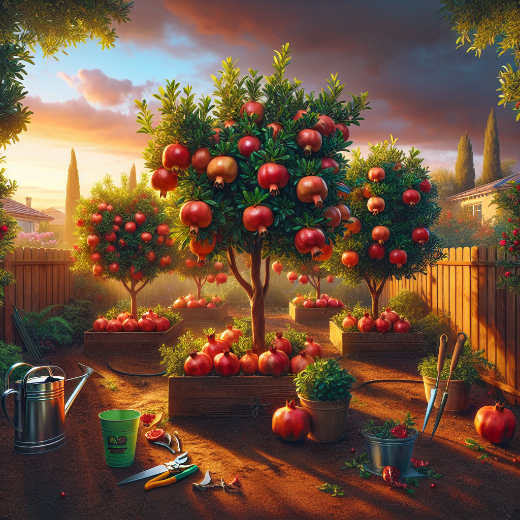 A vibrant backyard scene, bathed in the soft light of the setting sun. In the foreground, a collection of thriving pomegranate trees stand proudly, teeming with ripe, crimson pomegranates. Each tree boasts a dense foliage of glossy, deep green leaves and an abundance of fruit. Scattered around are essential gardening tools – a watering can, a pruning shears and a gardening gloves - used in tending to these trees. The background features a wooden fence enclosing the yard and beyond it, a serene view of a pleasant neighborhood. The sky above is painted a beautiful mix of warm hues, marking the end of the day.