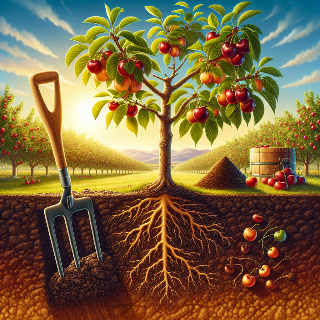 A vibrant, detailed, and educational landscape showcasing the process of managing soil health for cherry trees. Depict rich, loamy soil, aerated and prepared with a garden fork, filled with organic matter like compost. Nearby, include a robust cherry tree laden with ripe cherries, its root system partially visible, reaching deep into the nourished soil. In the distant background, portray a beautiful orchard of cherry trees under a sunny sky. No text, people, brand names, or logos are included.