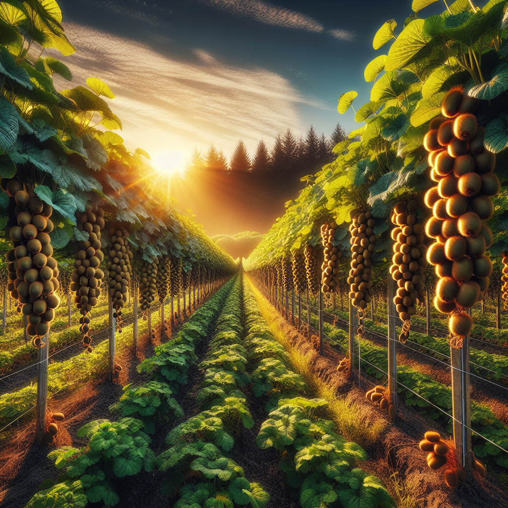 An agriculturally abundant and pleasing scene of a lush kiwi fruit vineyard. Long rows of kiwi vines, thick with brilliant green leaves and dotted with fuzzy kiwi fruits hanging from the branches, basking under the golden afternoon sunlight. The sky above is a deep cerulean with wisps of white clouds. A nearby dense deciduous forest can be seen in the background, providing a scenic view. The garden is well managed with a visible trellising system, strategically designed to maximize sunlight exposure for healthy growth of the kiwi plants. The image should have a sense of tranquility and abundance, devoid of human presence, text, brand names or logos.