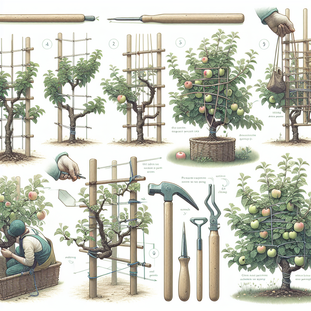 An illustration showcasing various training techniques for Espalier apple trees. Highlight different stages of the process, showing a young tree being carefully pruned and tied to a trellis system. Change the views to include close-ups of important steps such as pruning spots and the method of attaching the branches to the support. Make sure all the tools depicted are generic with no brands or logos. Do not portray any people in the image. Use soft natural colors to convey a calm and peaceful gardening atmosphere.