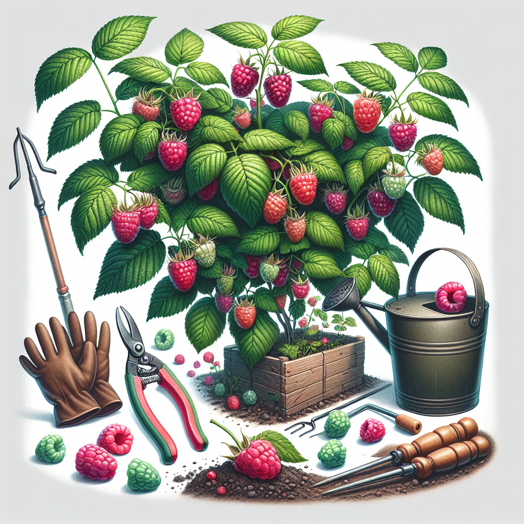 Create a detailed and vibrant image portraying an abundant home raspberry bush. Show luscious raspberries in various stages of ripeness, from the palest pink to the deepest red. Exhibiting the bush's leaves as bright green and healthy, with a handful of berries that have fallen onto the soil beneath. Indicate gloves, hand-held pruning shears, a watering can and natural fertilizer nearby, ready to be utilized for care. All objects within the image are generic and without any brand or text identifiers.