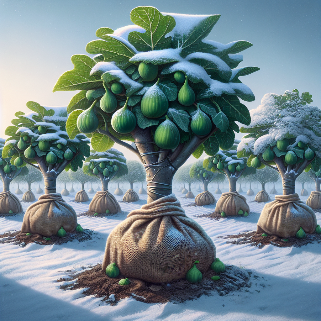An image illustrating the process of preventing frost damage on fig trees. In the foreground, large, healthy fig trees are visible, their leaves green and luscious. The trees are wrapped carefully with burlap for protection from cold, while a thick layer of mulch surrounds the base of each tree, providing additional warmth. In the background, a crystal clear winter sky is visible, and a light dusting of snow covers the ground, signifying the harsh conditions the fig trees are withstanding. The scene should convey the quiet serenity of winter, with no one around.