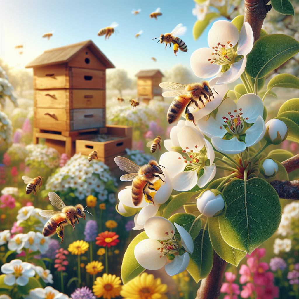 An image of a sunny orchard, with rows of healthy pear trees in full bloom. Honey bees can be seen busily buzzing around, moving from flower to flower, their small bodies laden with bright yellow pollen. In the background, a classic wooden beehive rests among colorful wildflowers, signifying the close relationship between pear trees and bees. A pear tree branch is in focus in the foreground, offering a close-up view of a bee landing on a delicate pear blossom. The sky above is clear and blue, painting an idyllic picture of successful pear tree pollination.