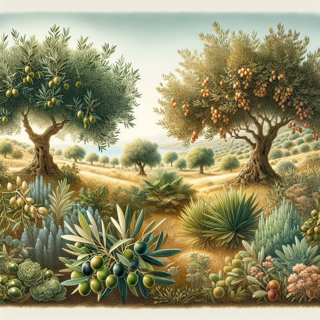 A detailed botanical illustration of different varieties of olive trees. Emphasis is on the distinct attributes of each variety, such as shape, size, leaf type, and color of the fruit. The environment around these trees sparkles with the mediterranean climate - warm sunlight, vivid blue skies, and a hint of the sea in the distance. There are no people, text, brand names, or logos in the image. A soft breeze rustles the leaves, suggesting the dynamic relationship between the trees and their environment, deepening the understanding of their ideal growing conditions.