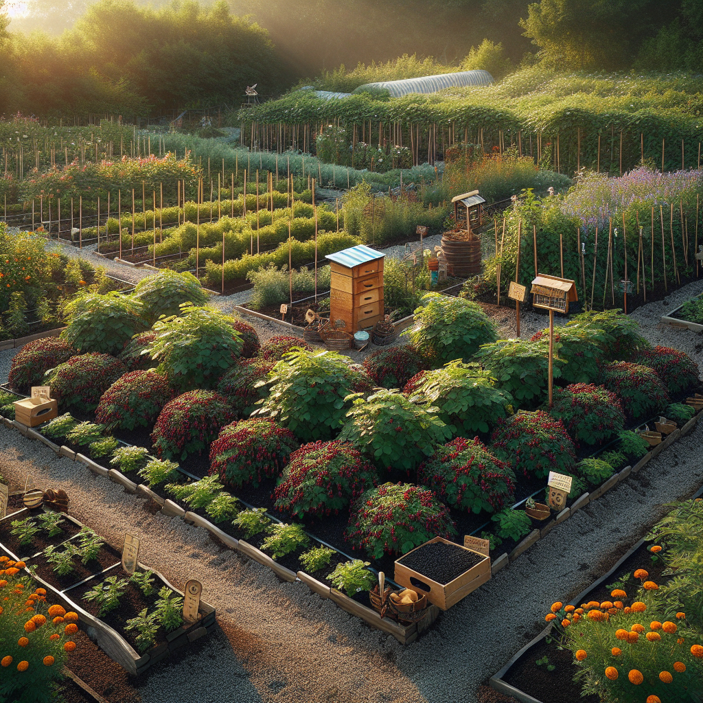 An agrarian landscape dominated by large blackberry bushes teeming with ripe berries. The bushes are arranged meticulously in rows, forming a pattern across the scene. A variety of natural, organic methods are portrayed visibly, such as a honeybee hive for pollination nested gently on one side, companion planting with marigold flowers adding a dash of color, a compost pile providing nutrient-rich soil, and small birdhouses offering pest control. The afternoon sun softly illuminates the scene, casting long shadows amongst the lush foliage. The setting exudes an ambiance of productivity and sustainability.