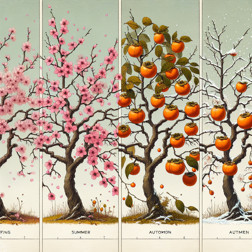 A concept illustration fit for an article titled 'Seasonal Care for Persimmon Trees'. Featured in the image are healthy persimmon trees in four different stages representing the four seasons of the year. In the spring section, delicate pink blossoms cover the branches. By summer, the blossoms have turned into small young fruits. The autumn section shows mature, ripe, ornamental orange fruits hanging amidst foliage turning a vibrant orange and red. In winter, the trees are leafless but still dignified, covered gently by a dusting of snow. The composition excludes any form of human presence, text, brand names, or logos.