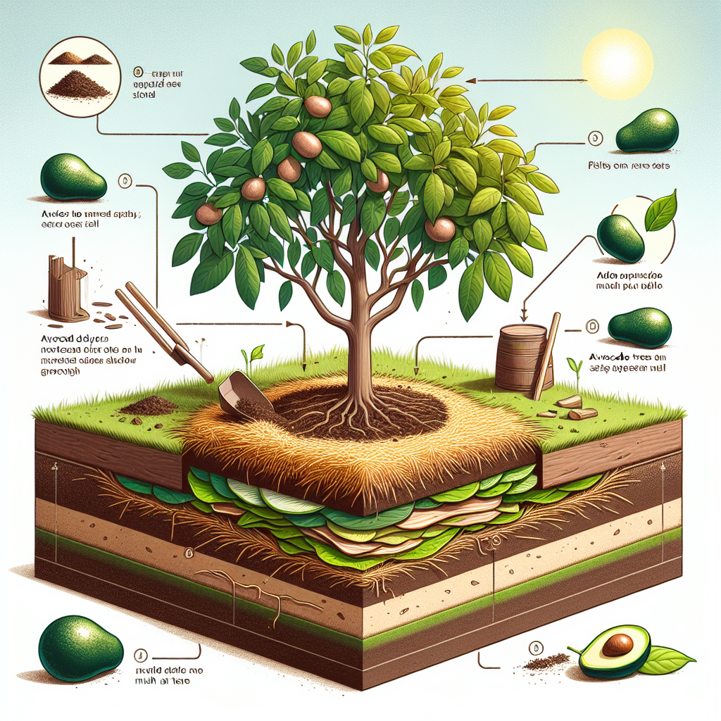 An educational illustration demonstrating the process of effective mulching for Avocado trees. The lush avocado tree, standing in rich soil, is being shielded by mulch at its base, capturing the technique with accuracy and detail. Layers of mulch materials, such as straw, leaves, and wood chips, are shown clearly spread over the soil, around but not touching the tree trunk, ensuring the nutrients seep into the soil. The sun is seen lightly shining, indicating a warm environment which is beneficial for the avocado tree growth. Instructions and steps are not included within the image.