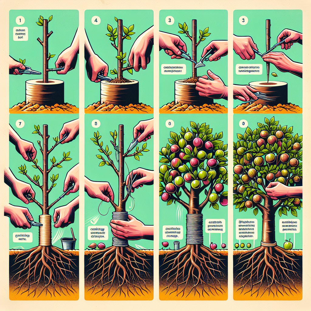 An educative illustration demonstrating various grafting techniques for fruit trees. The illustration should vividly depict a step by step process of grafting, applied on different fruit trees. The first step shows a healthy rootstock, selected and prepared for grafting. The subsequent steps could illustrate the process of creating a graft joint, firmly tying the scion to the rootstock and the final step of grafting where the scion grows into a thriving fruit tree. Please abstain from using text, brand names, logos or people in the image.