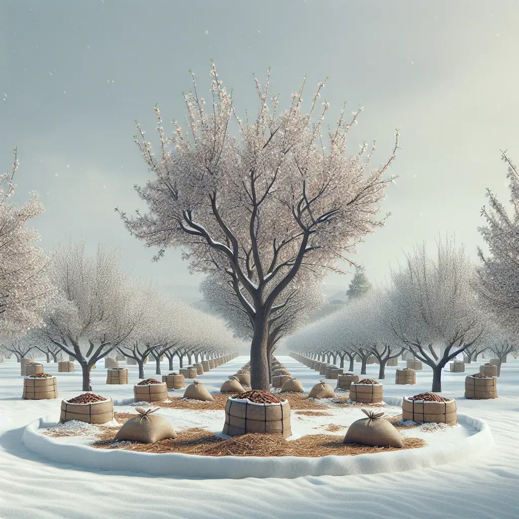 A serene winter scene depicting the care of almond trees. The landscape includes almond trees with their distinctive, contoured shape in a tidy orchard blanketed with light snow. We can see the attention given to these trees, as indicated by the neatly pruned branches. Scattered gently around the base of the trees, there are organic mulch materials such as leaves and straw, symbolizing the feeding process. In the background, protective burlap wraps can be seen around some trees, implying protection against freezing temperatures. There should be no people, text, or brand logos in the image.