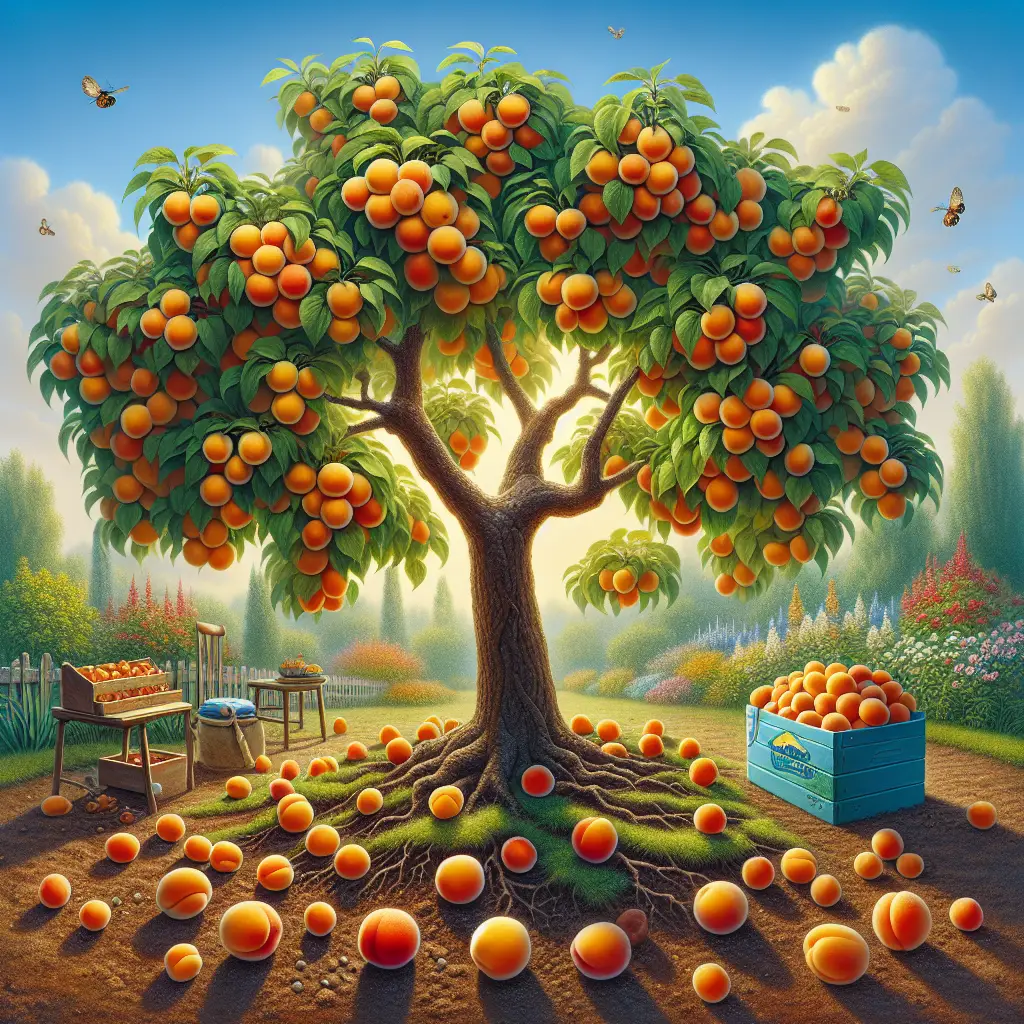 A depiction of a lush, bountiful apricot tree under a clear, sunny sky. The tree's branches are laden with a multitude of ripe apricots, their vibrant orange color standing out against the tree's green foliage. On the ground below the tree, a cluster of fallen apricots serve as an indicator of the tree's fruitful abundance. Surrounding the tree is an environment that seems optimal for fruit set. This includes nutrient-rich soil, a water source such as a small irrigation system, and pollinators like bees hovering around the tree. In the background stands a cheerful, blue gardener's toolkit devoid of any branding or text.