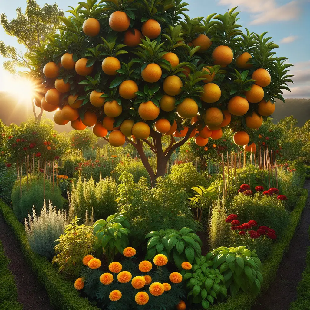 A sunlit garden scene showcasing a grapefruit tree standing tall. The tree is laden with ripe, round grapefruits hanging off the branches which are surrounded by companion plants. The companion plants include marigolds, basil, and oregano, placed near the base of the tree in a neatly arranged pattern. The garden embodies a lush and green environment, with vibrant colors of orange from the grapefruits and bright yellows of the marigolds. The backdrop is a clear blue sky, making the scene more vivid and intense. The entire set-up has been expertly maintained, promoting fertile, healthy growth of both the primary tree and the supporting companion plants.