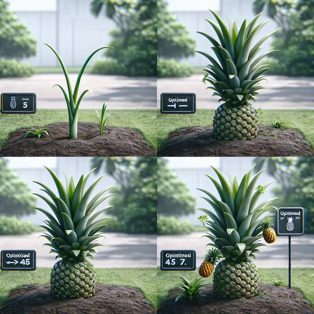 An elaborate demonstration of optimized pineapple plant growth in four stages. The first stage showcases a small green sprout pushing through the soil. The second stage shows a stronger stem with small leaves. In the third stage, the plant has matured, growing taller with fuller leaves. The final stage showcases a ripe pineapple attached to the plant, indicating successful growth. The setting is a lush green outdoor area, devoid of people, text and brand logos.