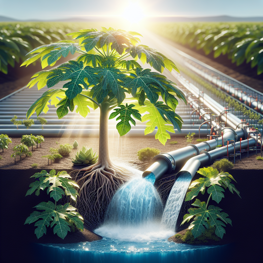 An image showcasing the balance of water and drainage for Papaya trees. There should be a detailed representation of a healthy papaya tree thriving adjacent to a well-engineered irrigation system. Bright sunlight illuminating the scene, reflecting off shiny leaves. The overall appearance should suggest effectively managed water resources. No people or brand names are to be included. The image should also include a clear demonstration of a drainage system, perhaps displaying excess water being channelled away from the root system, ensuring ideal conditions for papaya growth.