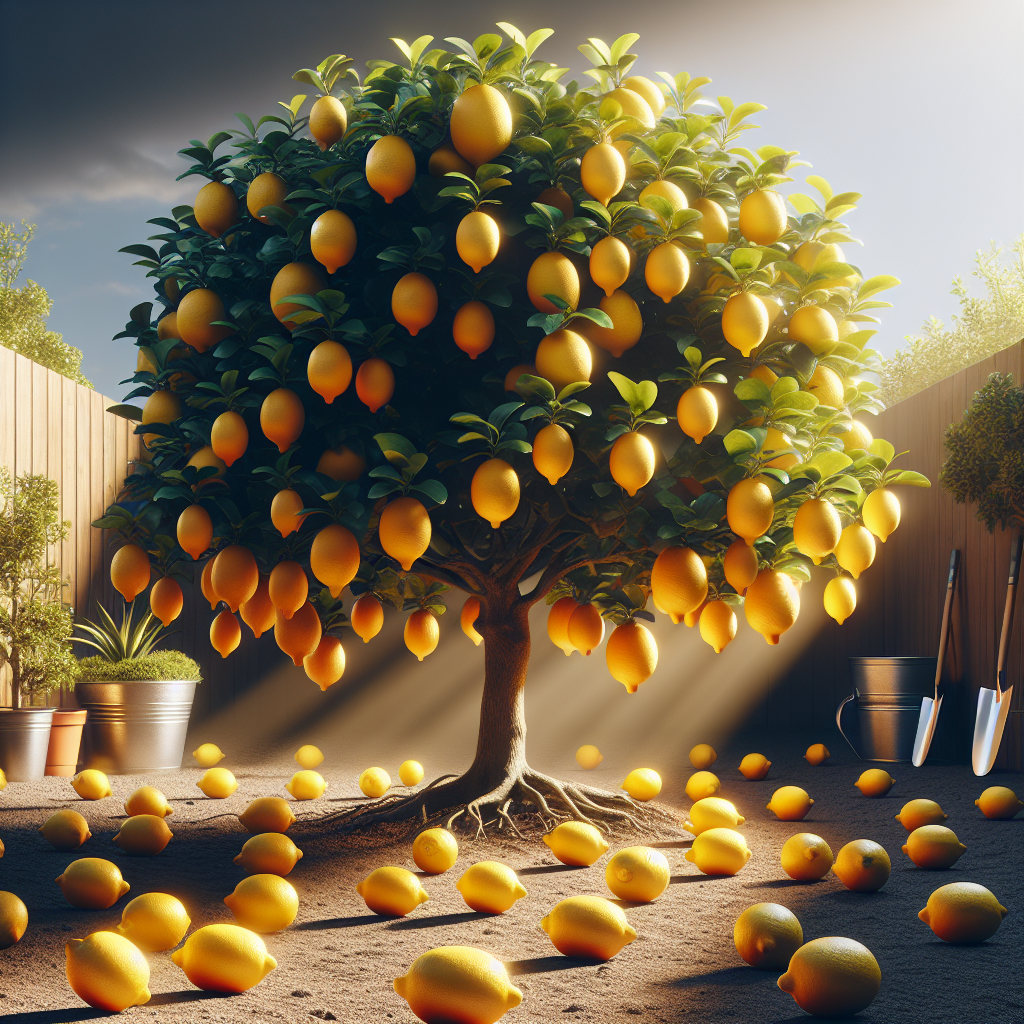 Visual depiction of a lemon tree on a sunny day. The tree is in full bloom, boasting clusters of bright, ripe lemons hanging from its branches. The sunlight is brighter on one side, highlighting the tree's health and vibrancy. Shadow on the other side provides contrast. Multiple lemons are fallen on the ground, indicating abundance. In the background, a garden exudes a serene atmosphere, with various unbranded gardening tools placed neatly. No text, human figures, logos, or brand names are seen. The scene evokes the importance of managing light exposure for the optimal growth of lemon trees.