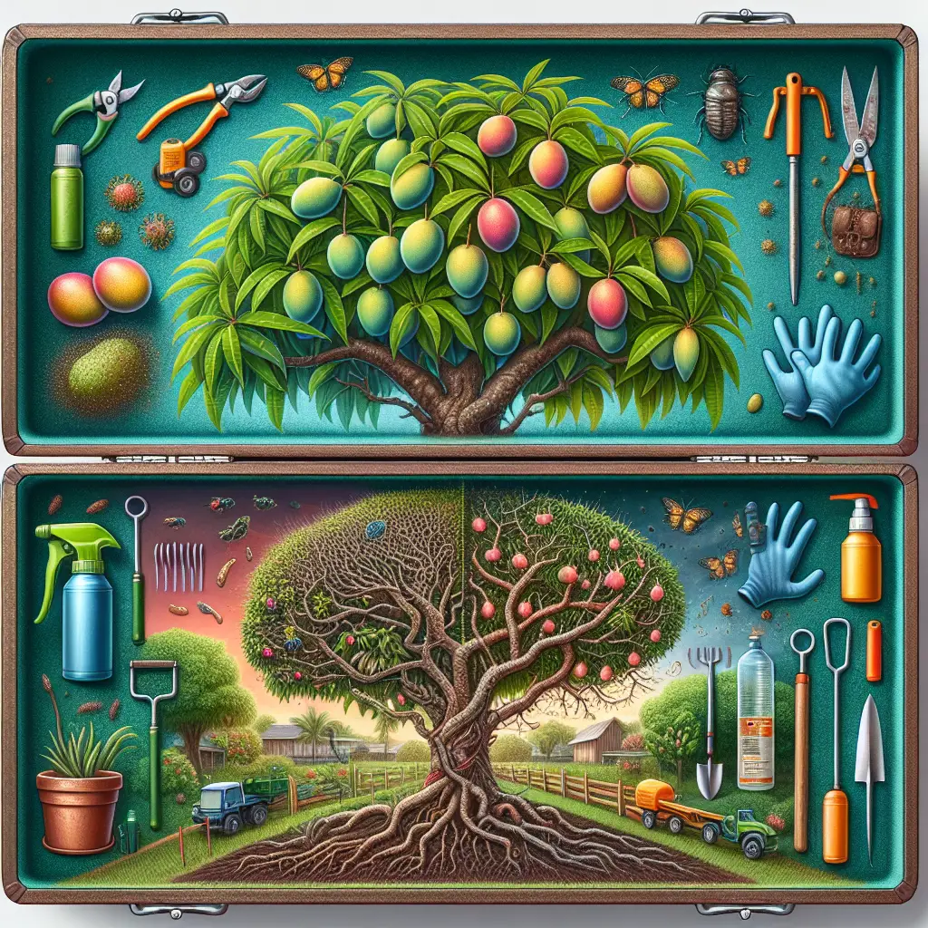 An illustrative and detailed image showcasing various treatments for common issues that might affect a mango tree. Imagine a scene that provides a visual guide for potential issues. On one side, there could be a healthy, flourishing mango tree bearing fruit. In contrast, on the other side, the same tree, only plagued with typical problems such as fungal diseases and pests encounters. The top view of the scene could show a gardener's toolbox filled with all the necessary gardening tools like a spray bottle, clippers, gloves and more; however, ensuring there are no people or brand names in the image.