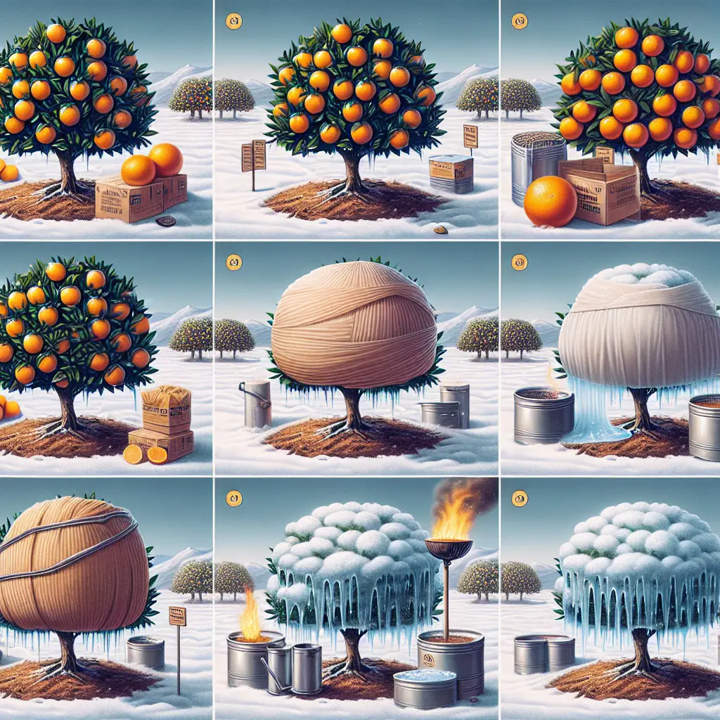 An image showing various cold protection strategies for orange trees. It begins with a crisp, well-maintained orchard of orange trees, surrounded by a soft blanket of snow. Some of these trees are insulated with bubble wrap and burlap. Another section shows trees being heated by smudge pots. Another section reveals trees watered heavily to create a layer of ice that can insulate from lower temperatures. Not a single logo, brand name, or human figure is within this image. Furthermore, there's no text anywhere within the scene, not even on any items.