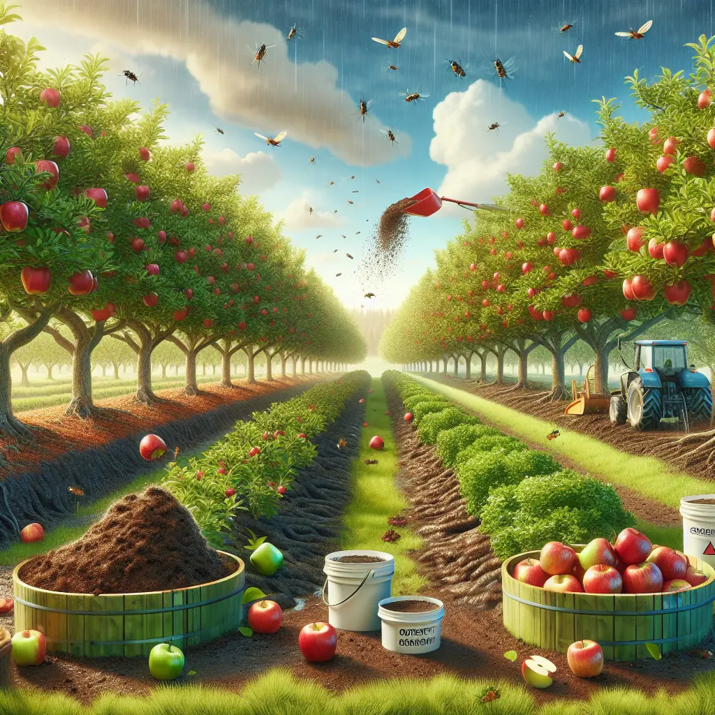A visual depiction of the process of improving soil fertility for apple orchards, with no people, text, or brand logos in the scene. The image showcases a vibrant apple orchard with lush, green trees bearing bright, red apples. The soil is rich and dark, indicating high fertility. Visible are compost piles, rich in organic matter, beneficial insects indicative of a healthy ecosystem, and buckets of apple tree-specific fertilizer. Rain clouds are seen in the sky, signifying the essential role of water in the process. Also, machinery used for soil aeration is present sparingly amongst the trees.